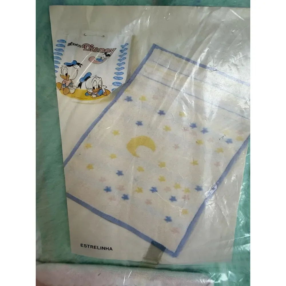 RARE NEW Vintage Disney Portugal Baby Blanket Teal Pink Moon Stars Wooven Fleece